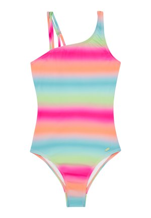 Maillot de bain asymétrique en tissu lisse avec des rayures horizontales rose, orange, vert et bleu. Fines bretelles doubles ajustables.
