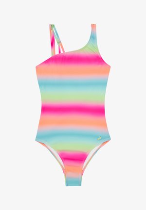 Eén-schouder badpak van glad materiaal met horizontale strepen in roze, oranje, groen en blauw. Dunne, dubbel verstelbare bandjes.