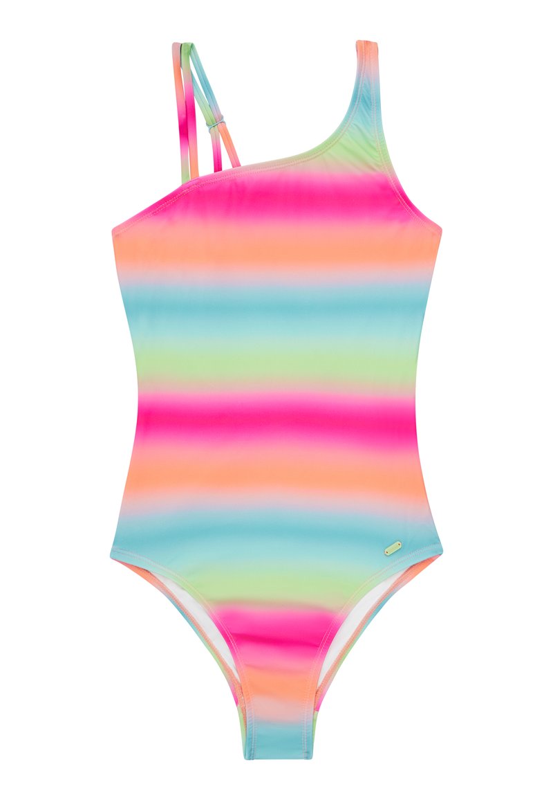 Eén-schouder badpak van glad materiaal met horizontale strepen in roze, oranje, groen en blauw. Dunne, dubbel verstelbare bandjes.