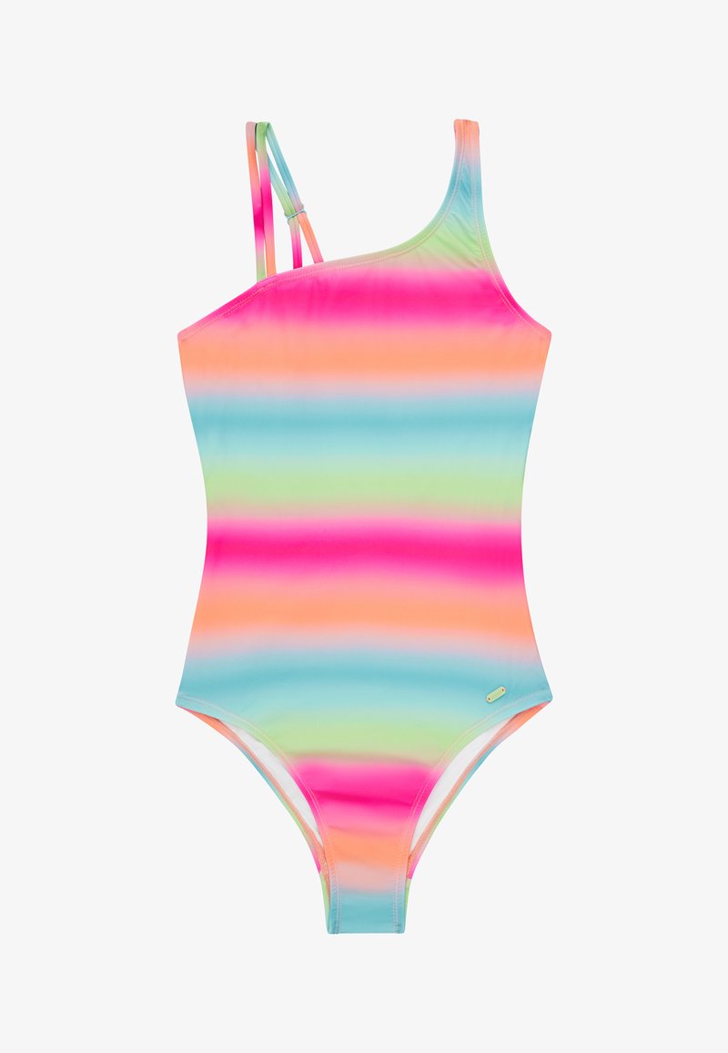 Eén-schouder badpak van glad materiaal met horizontale strepen in roze, oranje, groen en blauw. Dunne, dubbel verstelbare bandjes.