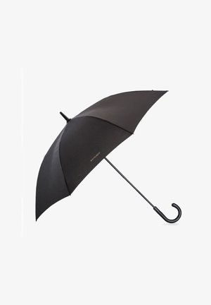 Czarny klasyczny parasol z zakrzywioną rączką, otwartym czaszą i logo "WITTCHEN" na jednym panelu, na białym tle.