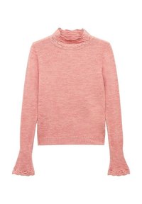 Pink long-sleeve knit sweater with a textured high neck and flared cuffs featuring delicate lace-like detailing.