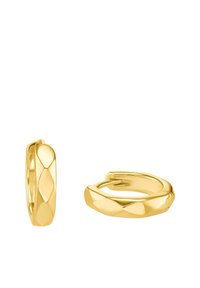 Orecchini a cerchio in oro con un motivo testurizzato simile a un diamante. Il design presenta una forma liscia e arrotondata e una chiusura sicura.