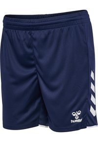 Marineblå atletiske shorts med elastisk talje, hvide skrå striber på siden og hvid hummel bi-logo nederst til højre.