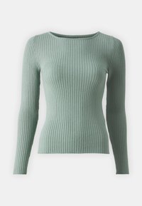 Sweter z długim rękawem w miękkim zielonym kolorze. Posiada dopasowany krój, okrągły dekolt oraz fakturowany materiał z pionowymi prążkami.