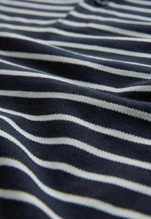 Navy blue fabric with white horizontal stripes, featuring a textured knit and slight stretch, showcasing smooth surface details.