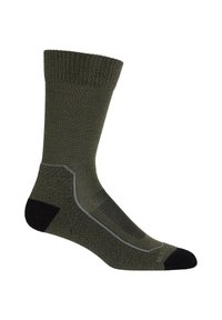 Oliwkowa skarpetka z ściągaczem, wzmocnionym czarnym palcem i piętą, teksturowanym wzorem dzianiny oraz szarymi akcentującymi liniami po bokach.