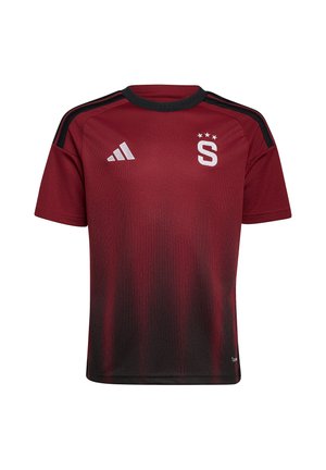 Bordowa koszulka sportowa z czarnym gradientem na dole, czarnym kołnierzem, czarnymi paskami na ramionach, białym logo Adidas i białym "S" z trzema gwiazdkami nad.