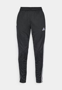 Svarte idrettsbukser med lett stoff, smal passform, elastisk midjebånd og hvite side-striper med en liten logo på låret.