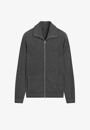 Gray zip-up sweater with a tall collar, side pockets, ribbed cuffs, and hem, made from a textured fabric. Silver zipper detail.
