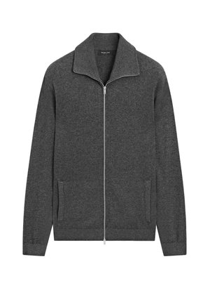 Maglione grigio con zip e colletto alto, tasche laterali, polsini e orlo ribattuti, realizzato in un tessuto testurizzato. Dettaglio della zip argentata.