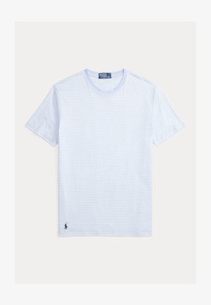 Helehall sinine puuvillane T-särk õrnade valgete triipudega, ümar kaelusega, lühikeste varrukatega ja vasakul pool väike tumeroheline logo.