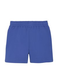 Szorty sportowe w kolorze niebieskim królewskim, wykonane z miękkiego materiału, z elastycznym pasem i prostym wzornictwem, bez kieszeni ani ozdób.