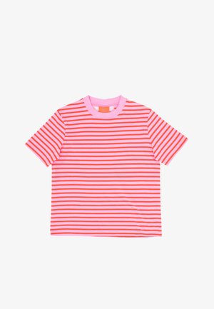 Kurzarm-T-Shirt in pink- und rotgestreiftem Design. Mit einem gerippten runden Halsausschnitt und einem weichen, glatten Stoff.