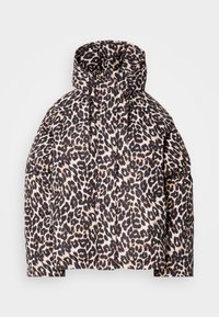 Chaqueta acolchada de estampado de leopardo que cuenta con capucha, detalles de cordón y una textura brillante. Forma oversize con secciones acolchadas para el aislamiento.