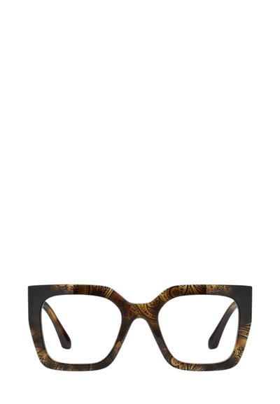 Occhiali a occhi di gatto con bordi audaci e angolari, caratterizzati da un motivo tartarugato e dettagli dorati intricati sulla parte frontale e sui lati.