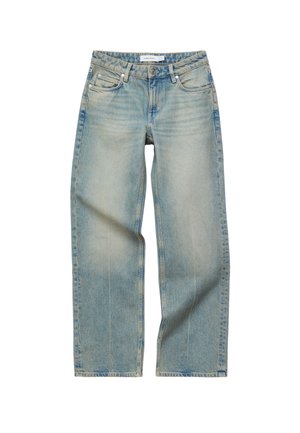Lichtblauwe jeans met rechte pijpen, vervaagde details, frontale knoop- en ritssluiting, lussen voor een riem, en voor- en achterzakken.