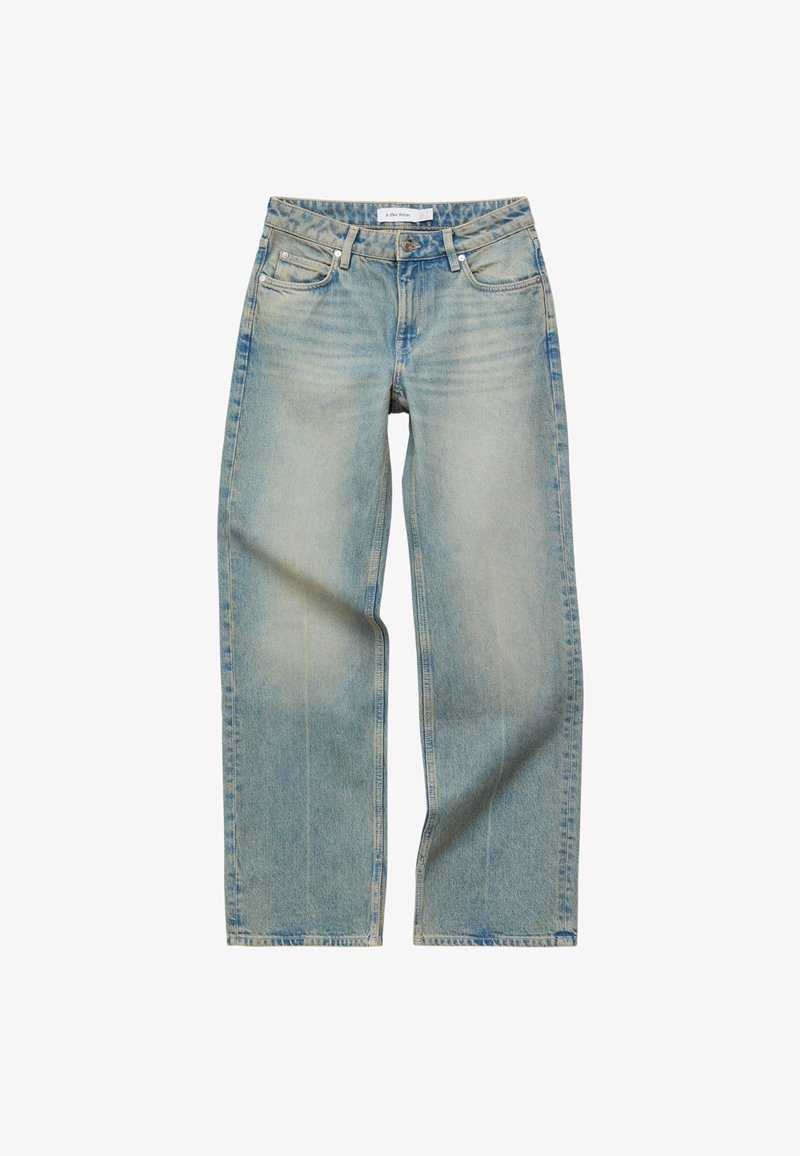 Ljusblå jeans med raka ben, blekta detaljer, framknapp och blixtlåsförslutning, hällor för bälte samt fickor fram och bak.