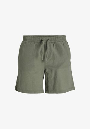 Groene linnen shorts met een elastische tailleband en trekkoord, voorzien van zijzakken en een ontspannen pasvorm. De stof heeft een gestructureerd uiterlijk.