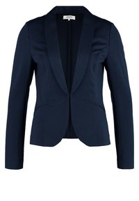 Blazer bleu marine à la silhouette ajustée, fermeture à un bouton, revers crantés et deux poches avant. Texture de tissu lisse.