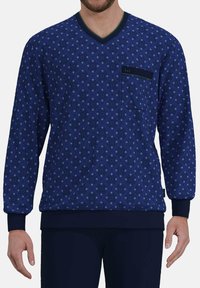 Blauer Pullover mit Muster, V-Ausschnitt, langen Ärmeln, gerippten Bündchen und einer Fronttasche mit dunklem Akzent. Hergestellt aus strukturiertem Stoff.