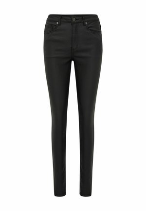 Black, skinny jeans made from smooth fabric, featuring a high waistband, zip fly, and five-pocket design with subtle stitching details.