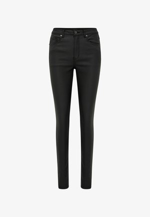 Crne uske traperice od glatkog materijala, sa visokim strukom, zatvaračem i dizajnom s pet džepova te suptilnim detaljima šivanja.