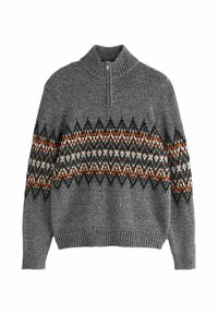 Grijze gebreide trui met een hoge kraag, voorzien van een geometrisch patroon in oranje, zwart en wit. Textuurstof met een ontspannen pasvorm.