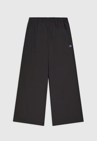 Schwarze, weit geschnittene Hose aus leichtem Material mit einem elastischen Taillenbund. Verfügt über ein kleines gesticktes Logo auf einer Seite.