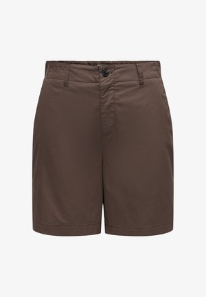 Hnedé priliehavé krátke nohavice s predným zapínaním na gombík a zips, pútkami na opasok a rovný lem.