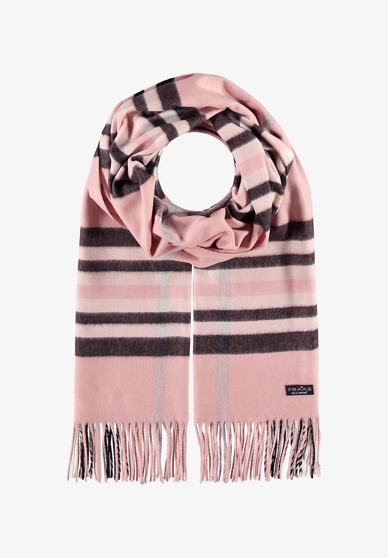 Écharpe rose pâle avec des rayures horizontales noires, blanches et grises, extrémités à franges et une petite étiquette de marque noire sur un côté.