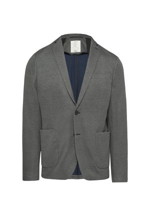 Szary blazer z teksturowanej tkaniny, z klapami w kształcie litery V, jedną kieszenią na piersi, dwoma kieszeniami z przodu oraz niebieską podszewką.