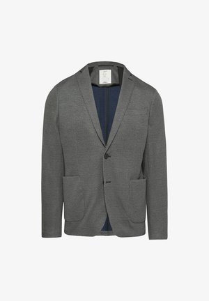 Szary blazer z teksturowanej tkaniny, z klapami w kształcie litery V, jedną kieszenią na piersi, dwoma kieszeniami z przodu oraz niebieską podszewką.