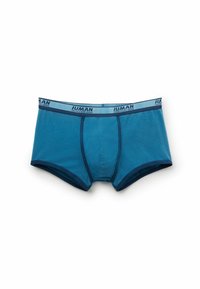 Herrenslip-Boxershorts aus teal Baumwolle mit einem kontrastierenden blauen Bund. Sie verfügen über eine Fronttasche und ein glattes, nahtloses Design.