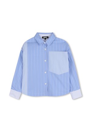 Blaues, langärmeliges Hemd mit weißen vertikalen Streifen, einer einzelnen Brusttasche und kontrastierenden weißen Manschetten. Hergestellt aus glattem Stoff.