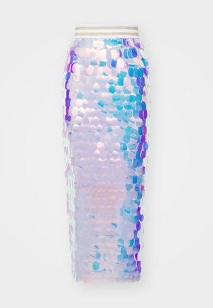 Iridescent skirt featuring overlapping sequins in shades of blue, purple, and pink, with a fitted silhouette and a gold-accented waistband.