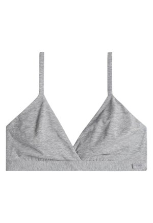 Brassière grise, texturée, avec un design en V, des bretelles fines et ajustables, et une bande douce en bas ; sans armatures ni rembourrage.