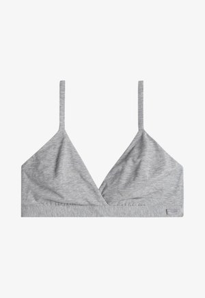 Gray, textured bralette with a V-shaped design, thin adjustable straps, and a soft band at the bottom; no underwire or padding.