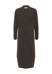 Abito in maglia a coste di un verde oliva scuro, dotato di collo alto e maniche lunghe, con una silhouette dritta e spacchi laterali per facilitare i movimenti.
