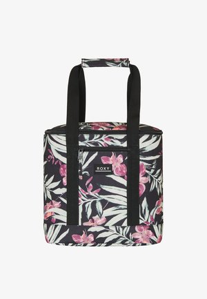 Bolsa aislante negra con un vibrante patrón floral en rosa y verde, dos asas negras y cierre de cremallera en la parte superior. Etiqueta de la marca visible.