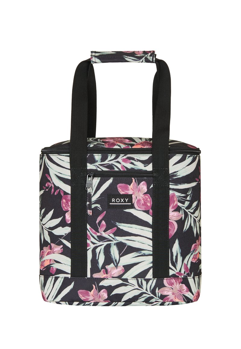 Bolsa aislante negra con un vibrante patrón floral en rosa y verde, dos asas negras y cierre de cremallera en la parte superior. Etiqueta de la marca visible.
