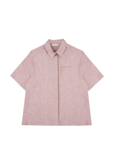 Camicia a maniche corte, con colletto, in lino rosa chiaro, dotata di una tasca sul petto, con vestibilità comoda e una sottile texture su tutto il tessuto.