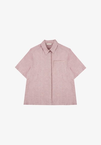 Camicia a maniche corte, con colletto, in lino rosa chiaro, dotata di una tasca sul petto, con vestibilità comoda e una sottile texture su tutto il tessuto.