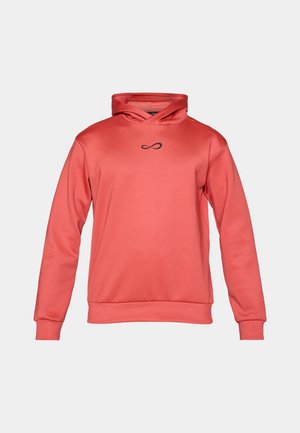 Korallenrosa Kapuzenpullover mit langen Ärmeln, vordere Kängurutasche und kleinem schwarzen Unendlichkeitssymbol auf der Brustmitte.