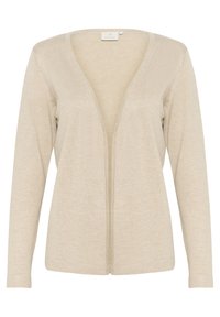 Beżowy kardigan z długimi rękawami, zaprojektowany w serek, z otwartym przodem. Wykonany z miękkiego, lekkiego materiału o gładkiej teksturze.