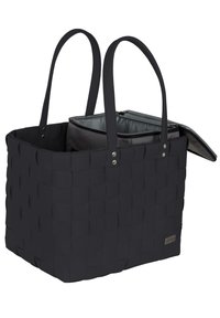 Black woven tote bag with two handles, featuring a removable gray insulated liner and snap closure on top, designed for storage and transport.
