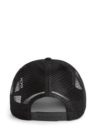 Sort mesh baseball cap med buet skygge, justerbar snaplukning bagpå og et tekstureret, åndbart design.