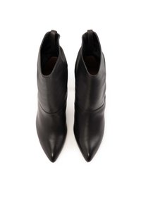 Black leather ankle boots with a pointed toe, smooth texture, and no visible hardware. Features a minimalist design and sleek silhouette.