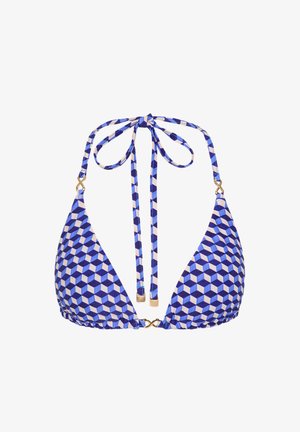 Top bikini triangolare con motivo geometrico blu e bianco, sottili spalline all’americana annodate al collo e dettagli in metallo color oro.