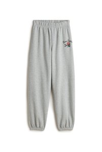 Gray sweatpants made of soft fabric, featuring an elastic waistband and cuffs. Embroidered design on the upper left side.